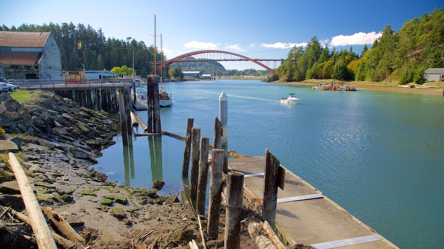 La Conner which includes boating, a bridge and forests