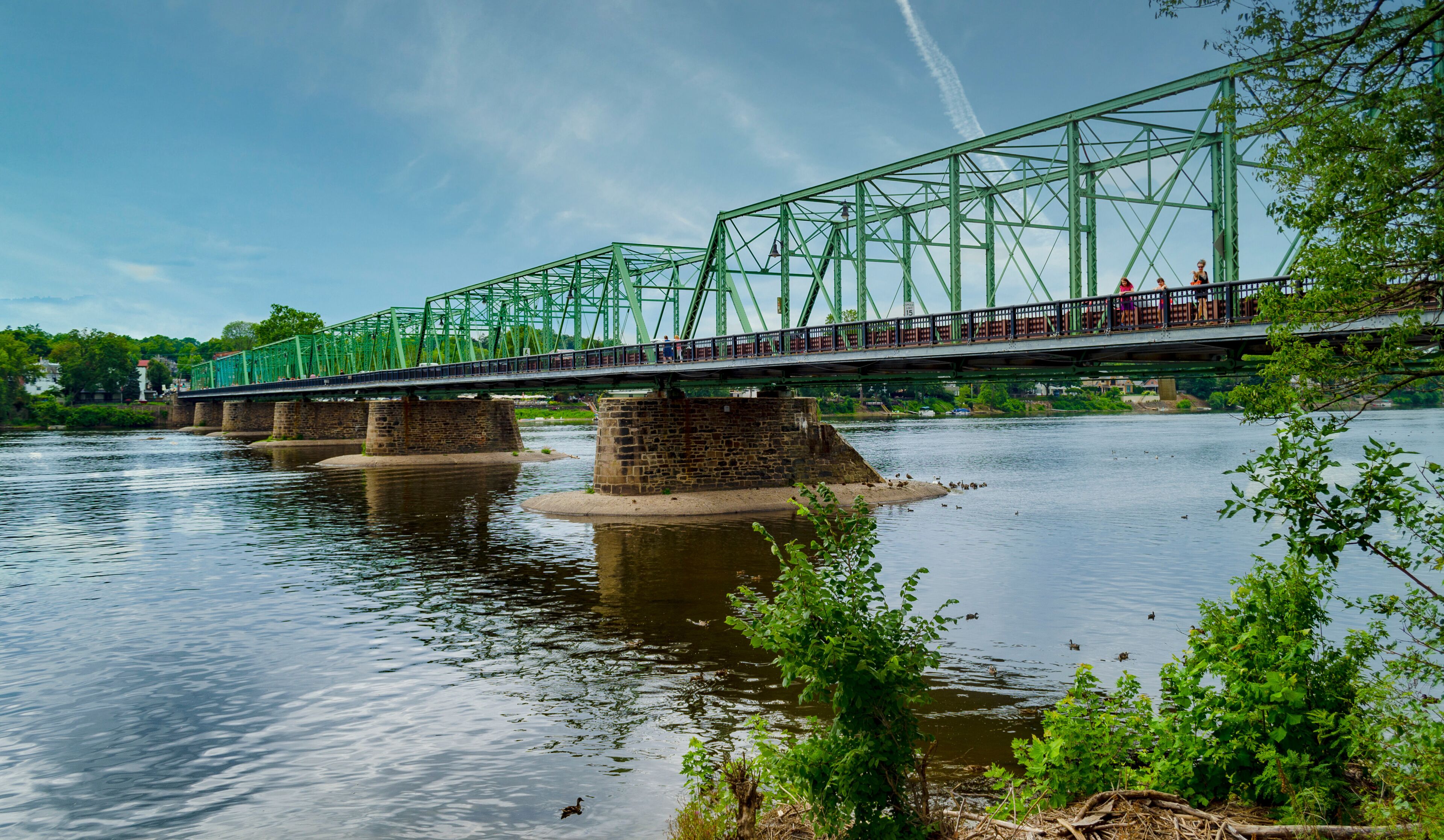 The New Hope-Lambertville Bridge over the Delaware River. Border between New Jersey and Pennsylvania. Bright day.