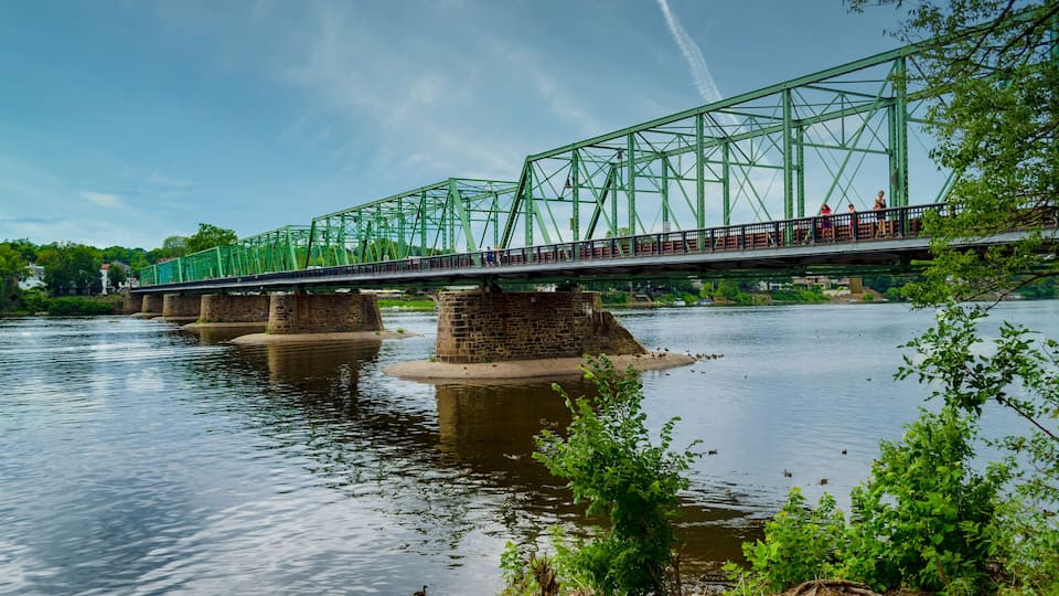 A green steel bridge over a river with stone piers, surrounded by greenery and a clear sky.