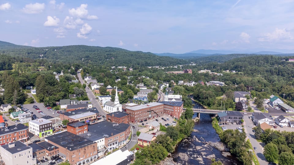Littleton New Hampshire and the Ammonoosuc River. Aerial photo.