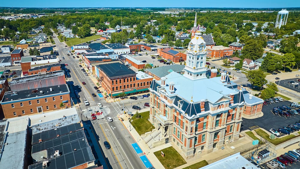 Aerial View of Henry County Courthouse and Downtown Napoleon Ohio
