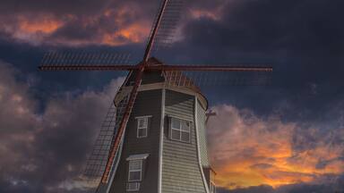 Dutch Windmill Architecture in the town of Lynden in Washington State during sunset