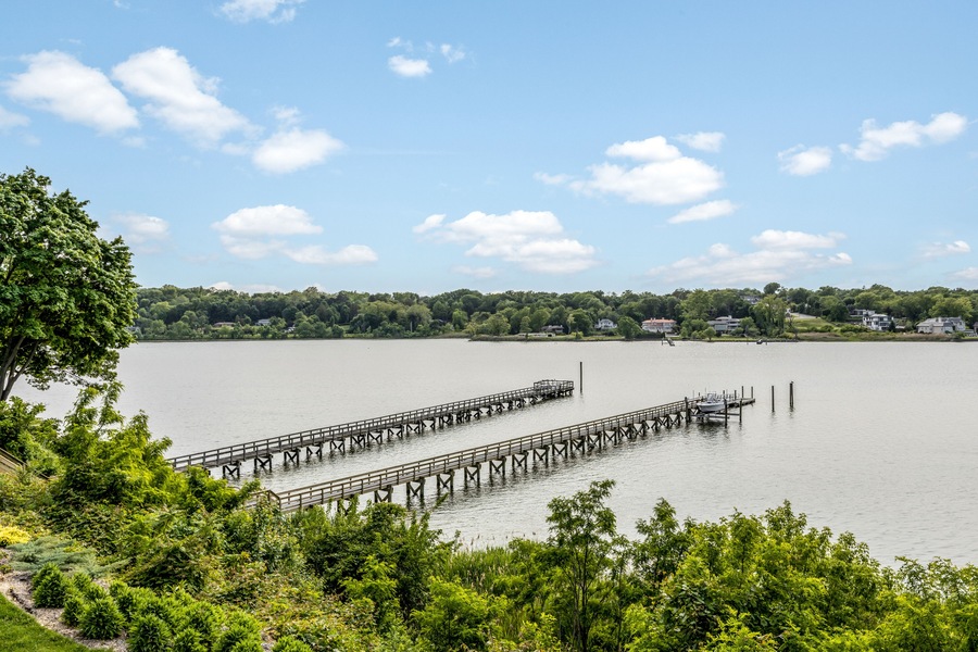 aerial scenic Manhasset view of sound with long piers