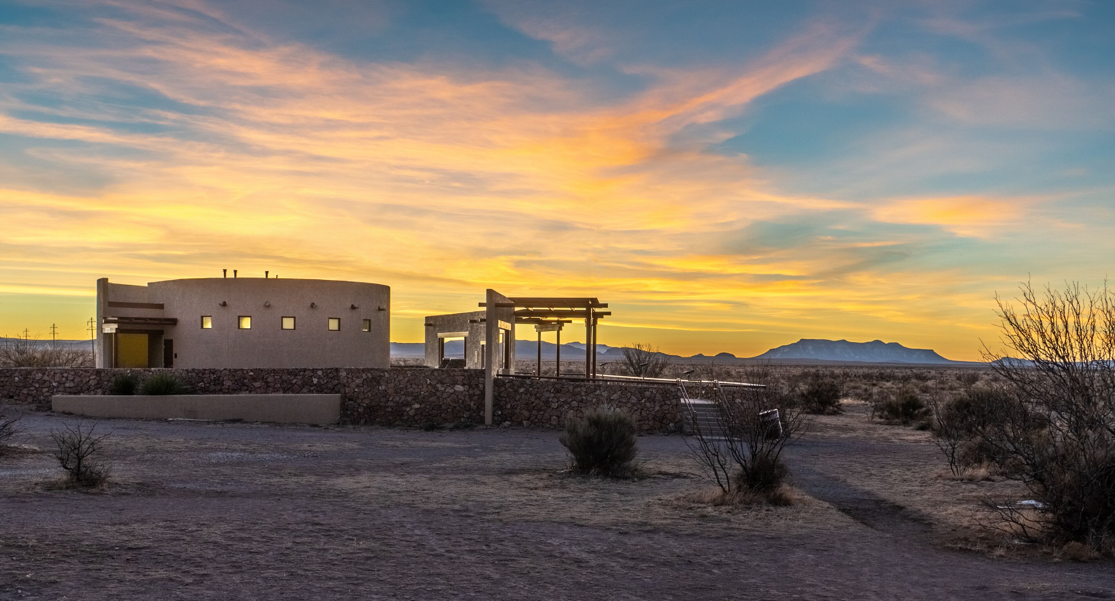 An observation platform and a service building for watching the strange lights at night, Marfa Lights Viewing Center, Texas