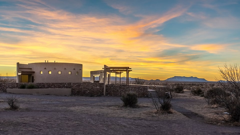 An observation platform and a service building for watching the strange lights at night, Marfa Lights Viewing Center, Texas