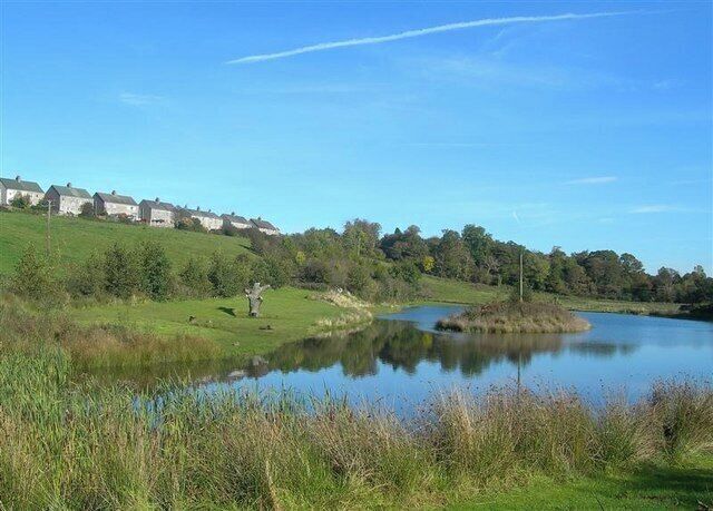 A calm lake surrounded by grassy banks, a small island, and houses in the background.