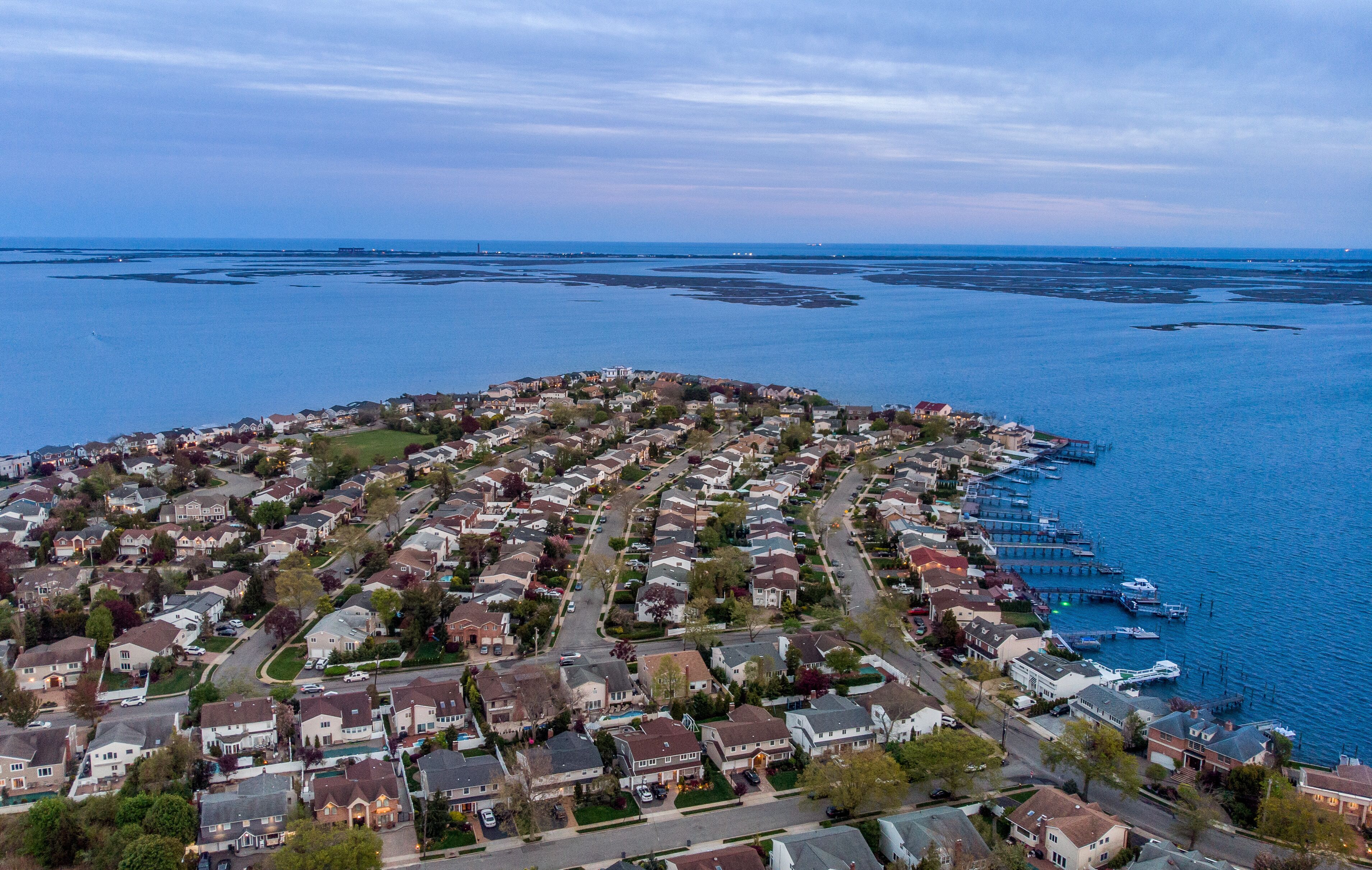 Aerial view of Merrick, Long Island at twilight 