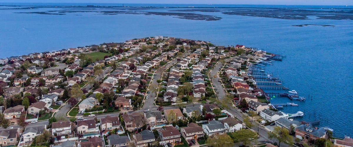 Aerial view of Merrick, Long Island at twilight