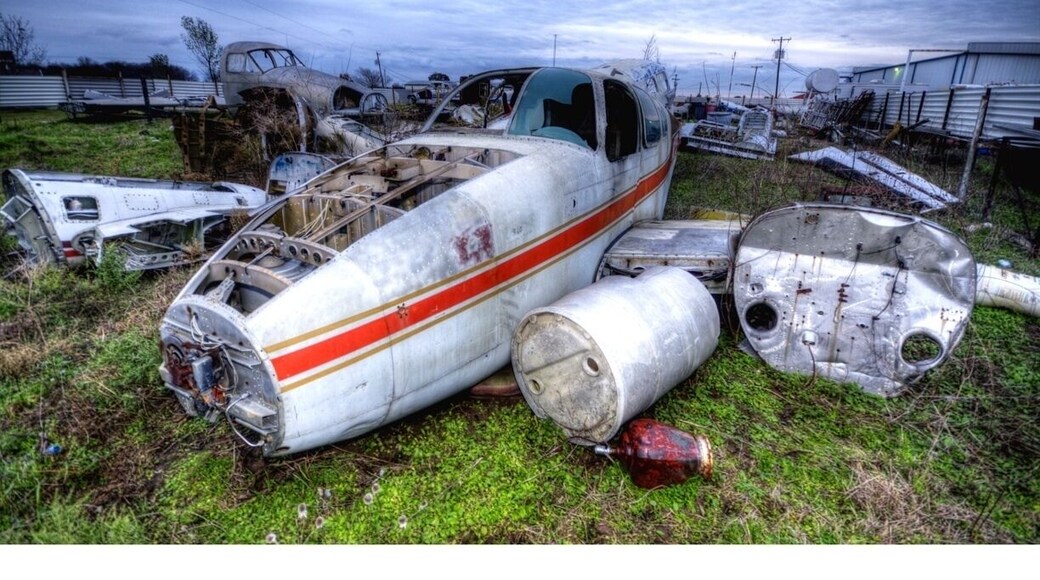 Aircraft junkyard at the Mexia-Limestone County airport in Texas. I stumbled upon this place while driving back into Texas from Oklahoma.
There is a company here that salvages old and new aircraft. They have a decent sized junk yard that you can wander around, full of oldish planes that have been scrapped or being used to restore others of the same type. There was an old boy hanging around while we were there who allowed us to walk around. He also was very friendly and talked to us about the company and his three tours of Vietnam.
A small gem of a discovery for aviation buffs and HDR photo freaks alike!