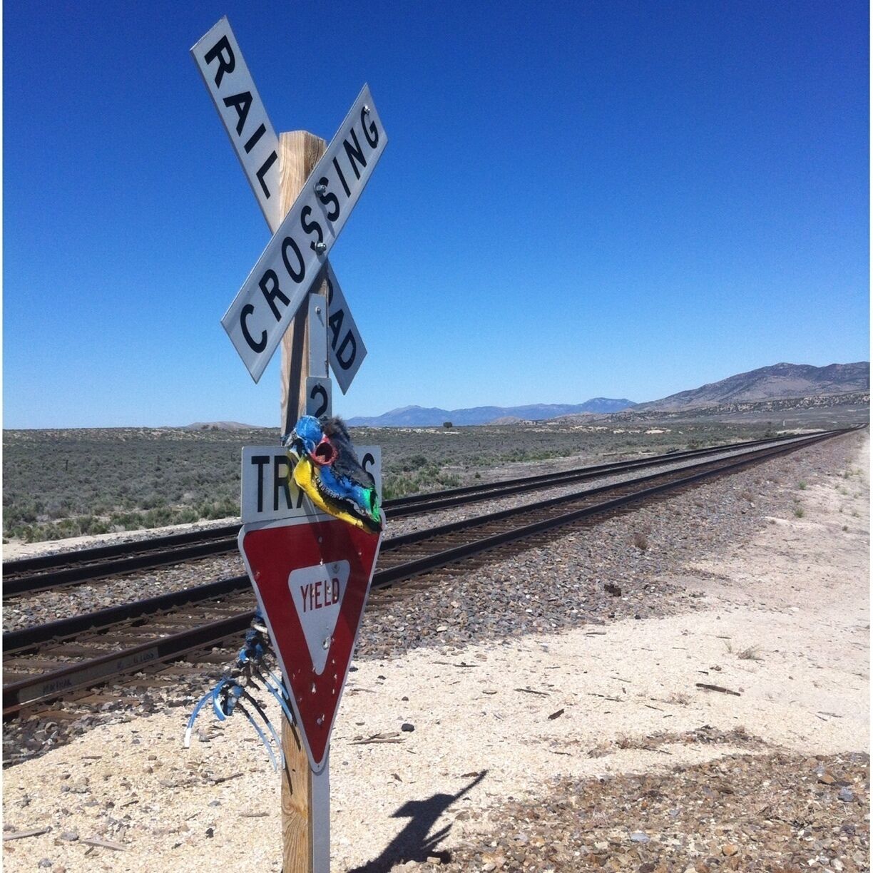 A railroad crossing sign with a toy dinosaur attached to it.