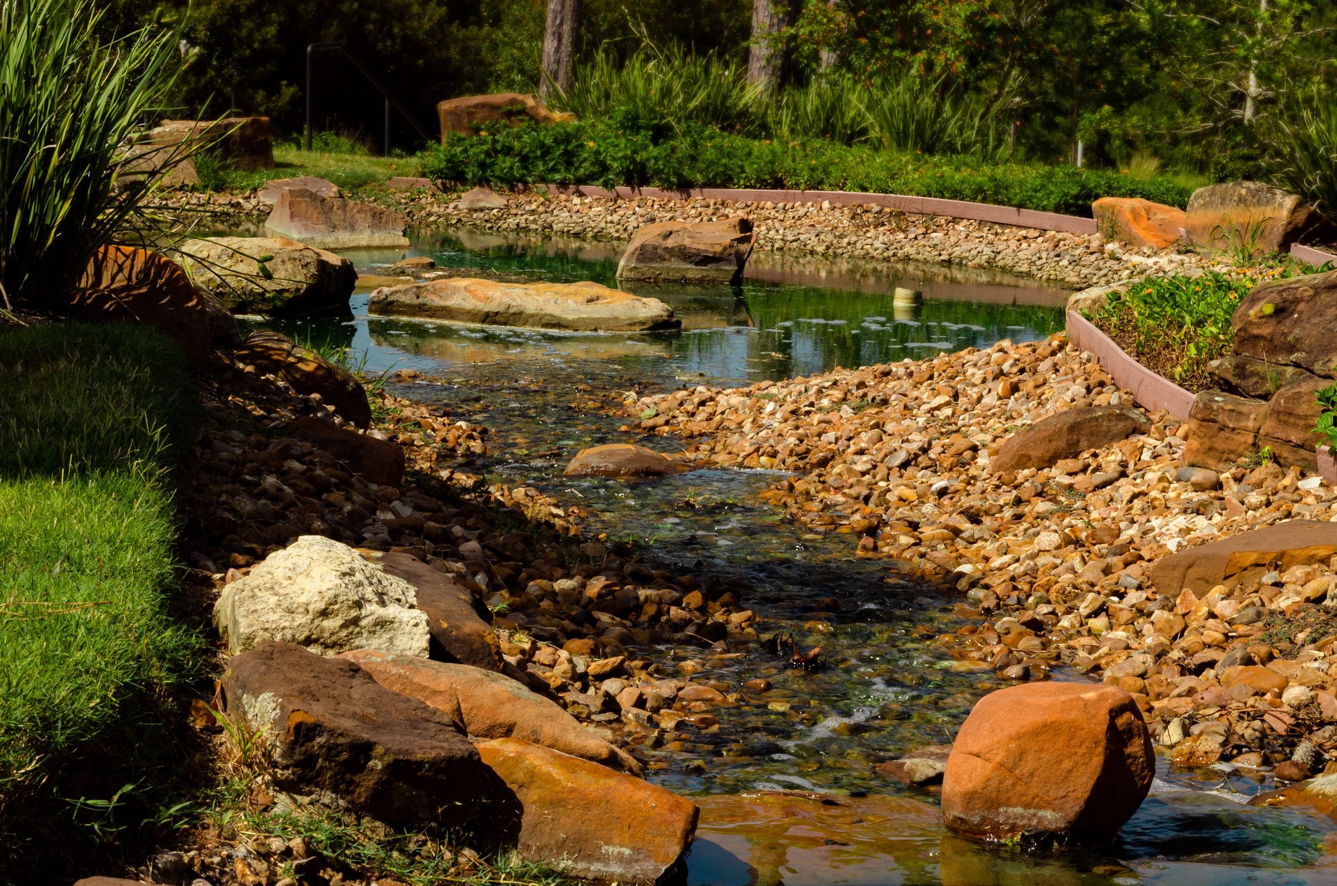 A natural stream with rocks and greenery.