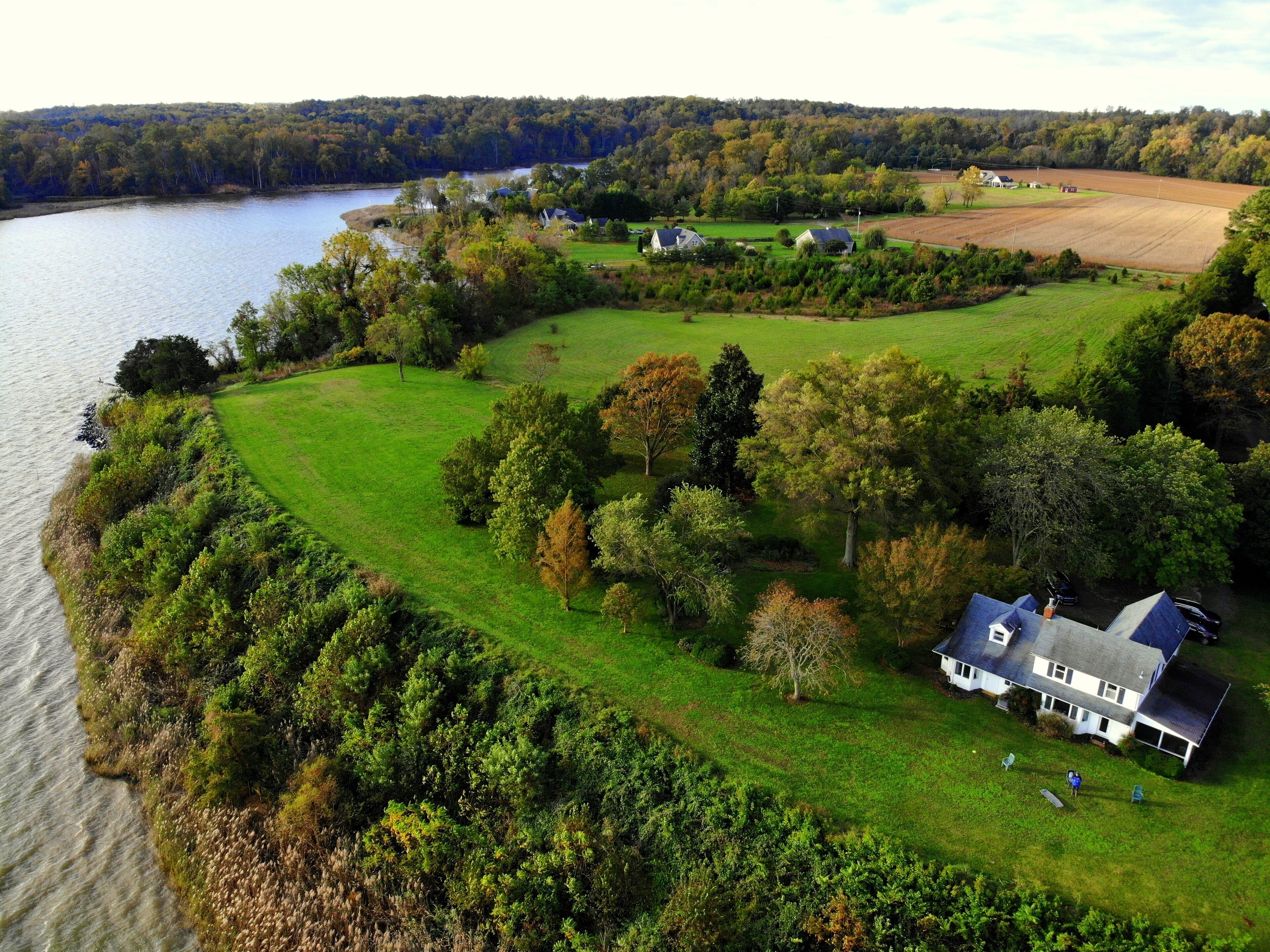 The aerial view of the land and neighborhood near Currioman Bay, Montross, Virginia, U.S