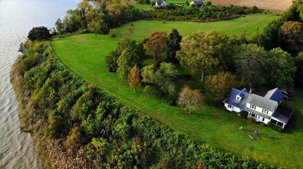 The aerial view of the land and neighborhood near Currioman Bay, Montross, Virginia, U.S
