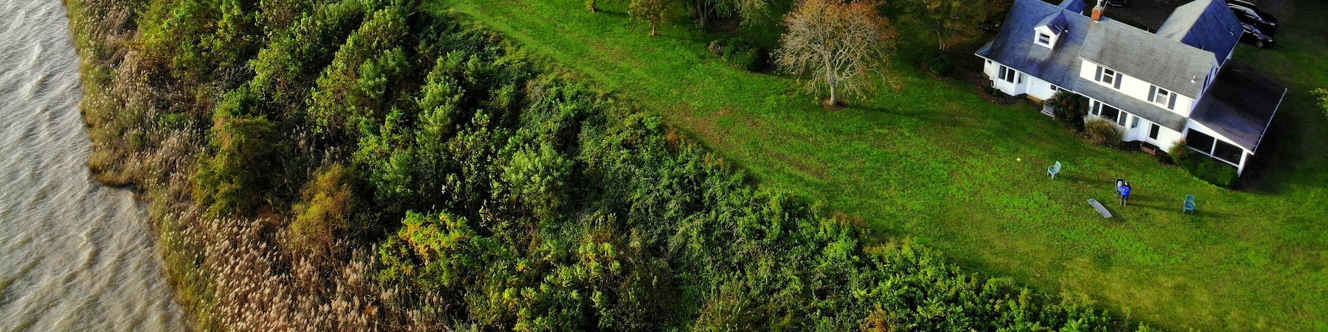 A lakeside property with a large house, green fields, and dense trees.