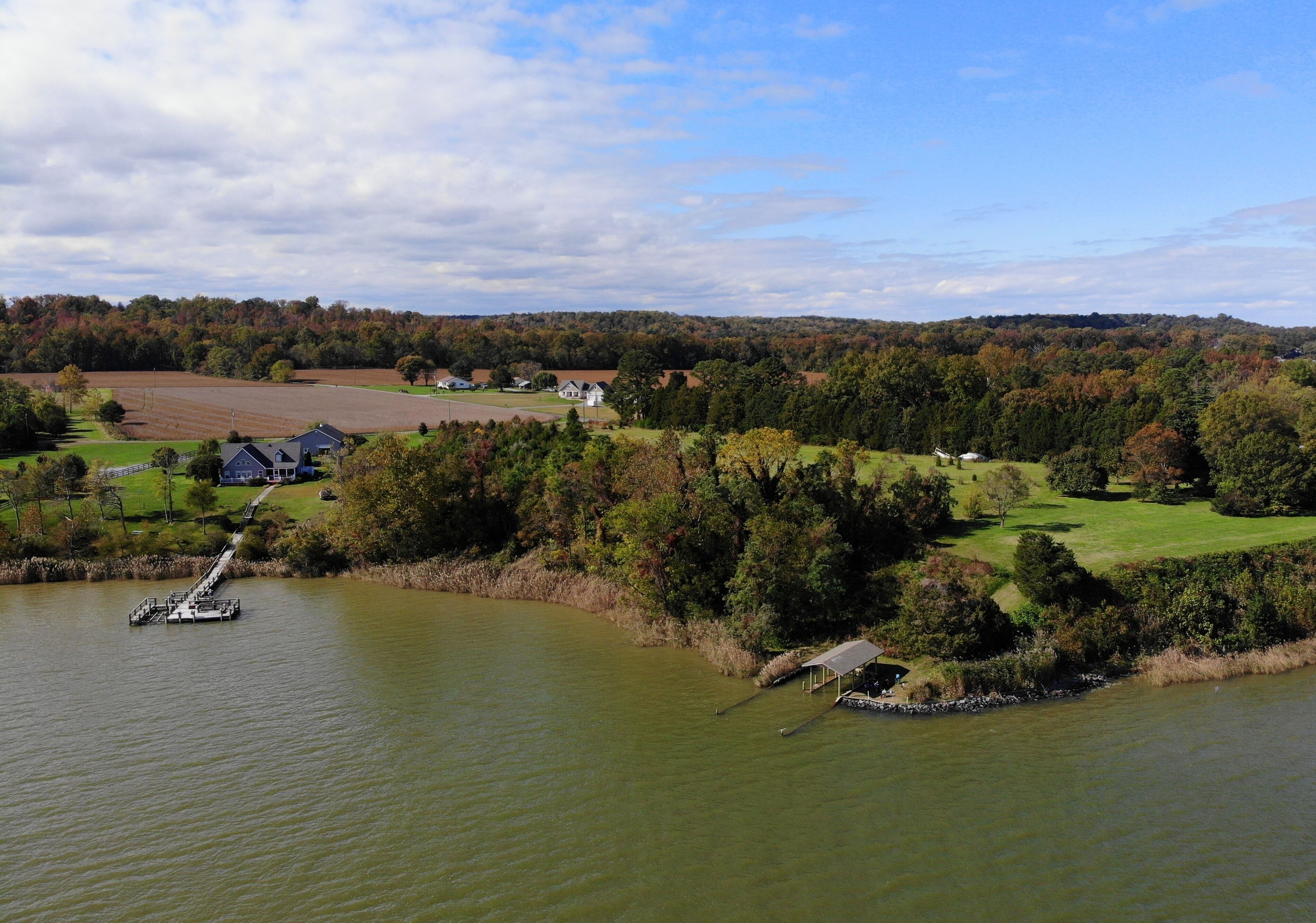 The aerial view of the boat dock and neighborhood near Currioman Bay, Montross, Virginia, U.S