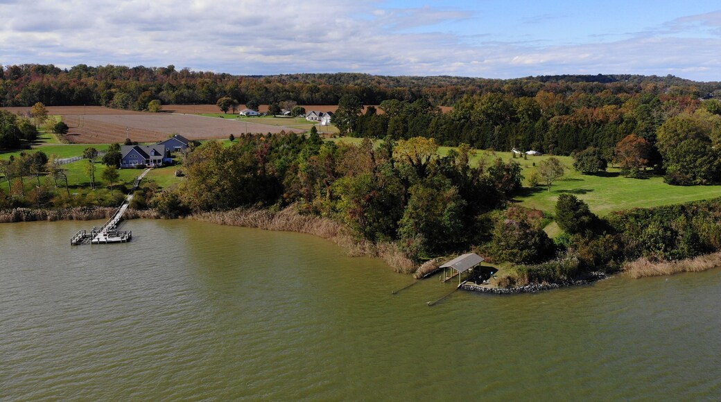 The aerial view of the boat dock and neighborhood near Currioman Bay, Montross, Virginia, U.S