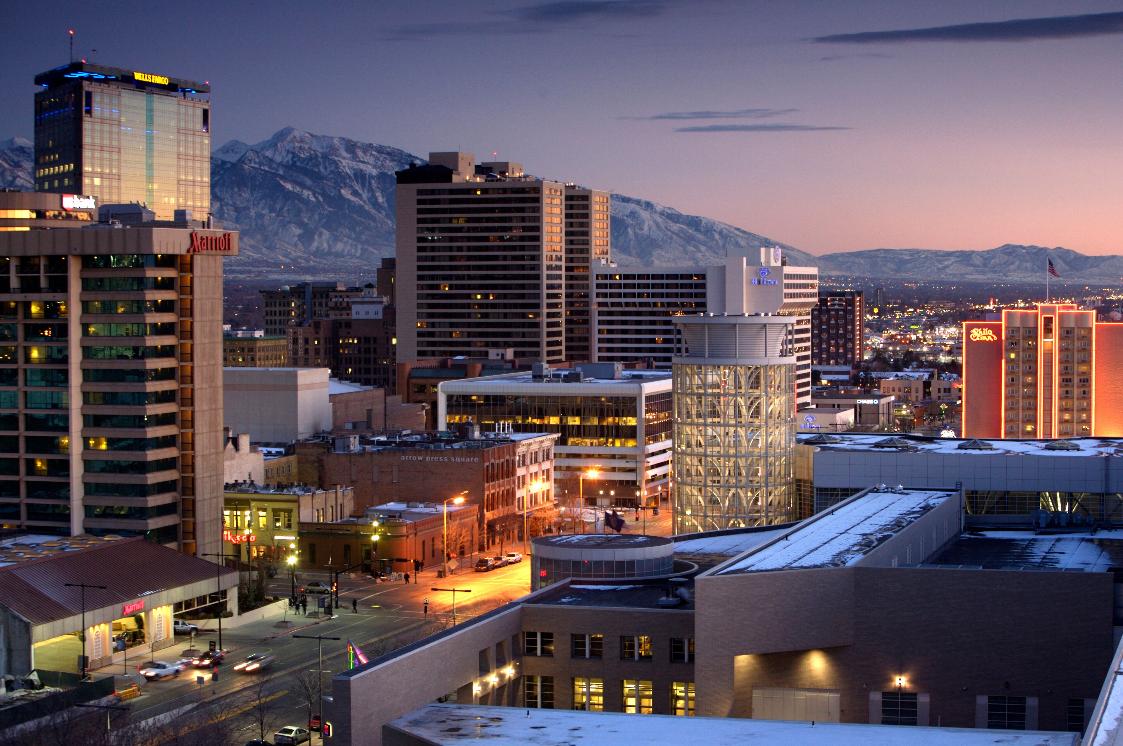 View of downtown Salt Lake City, UT with Wasatch Mountains.