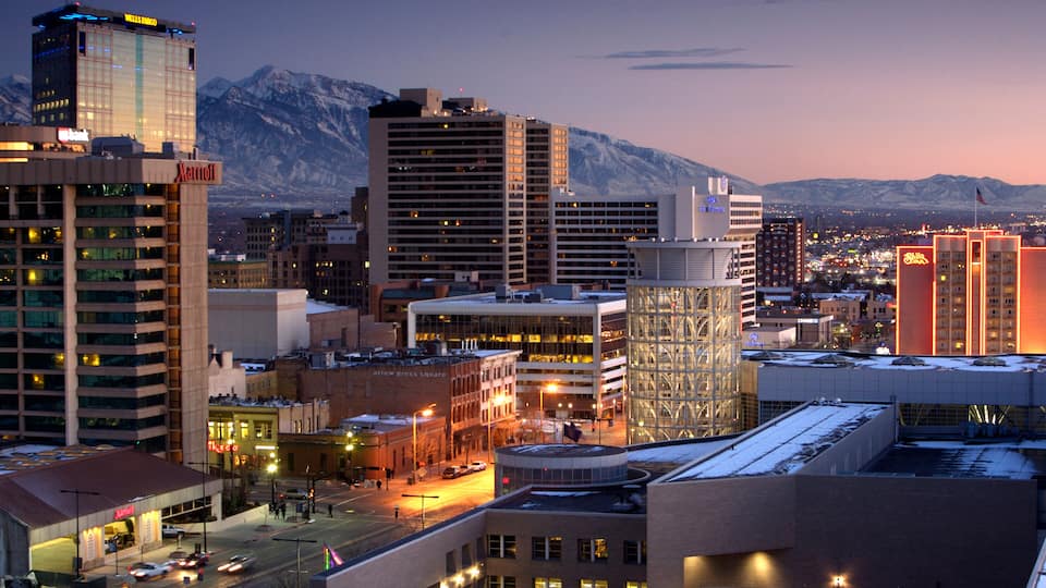 View of downtown Salt Lake City, UT with Wasatch Mountains.