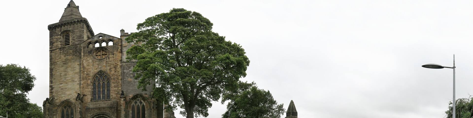 A historic stone church with a large tree in front.