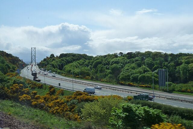 Forth Road Bridge head-on! This is the southbound approach to the Forth Road Bridge as seen from a southbound East Coast main line train heading for Edinburgh Haymarket.