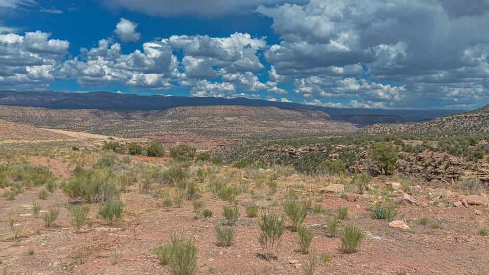A desert landscape with sparse vegetation, rocky terrain, and distant mountains under a partly cloudy sky.
