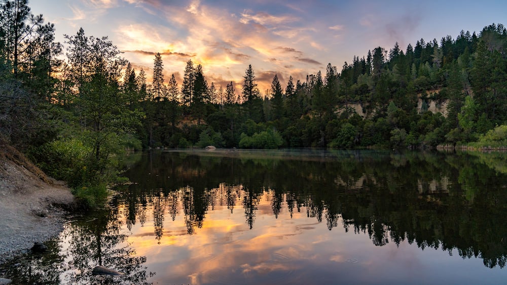 A calm lake reflecting the sky and surrounding trees.