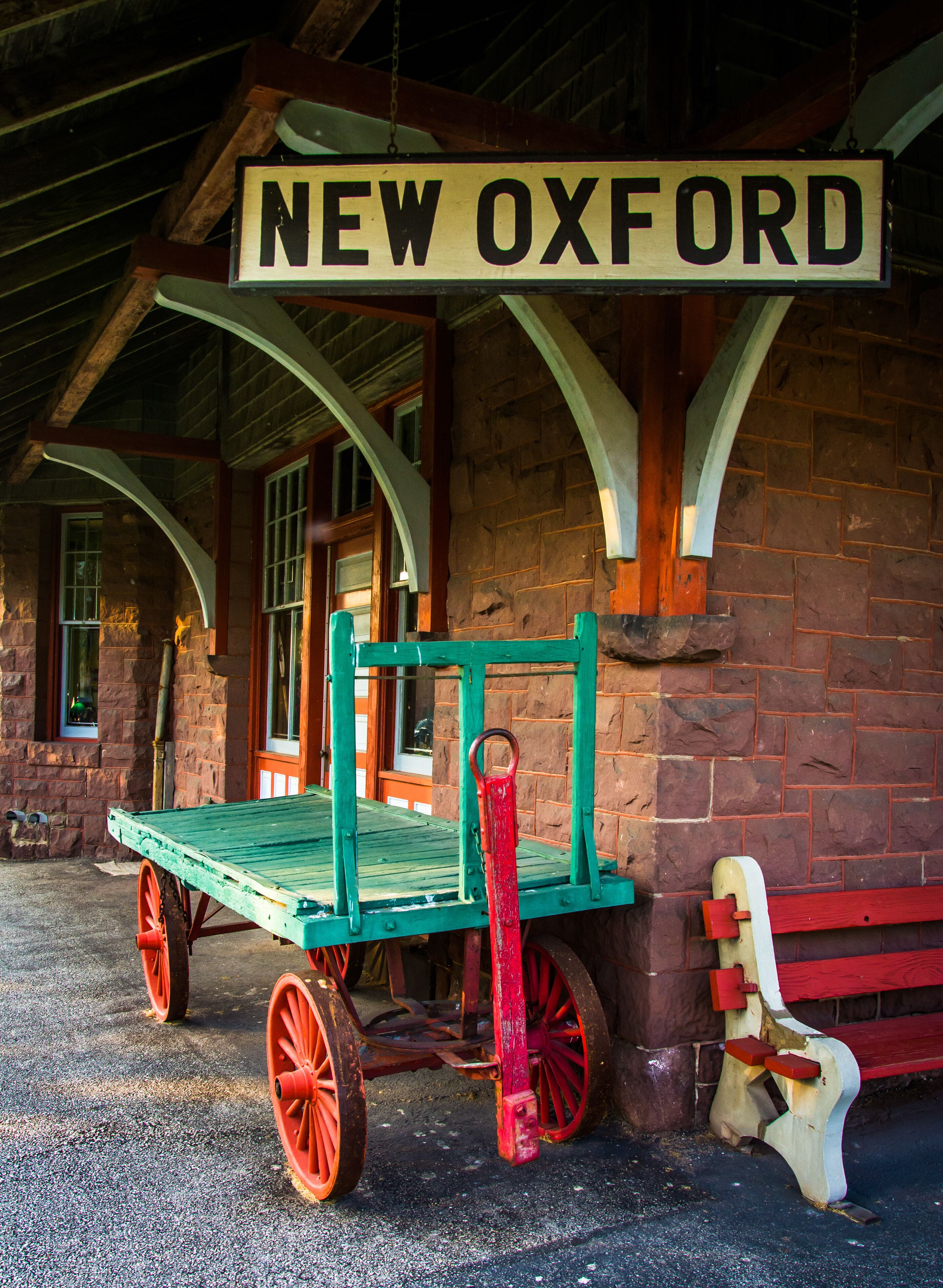 The front of the train station in New Oxford, Pennsylvania.