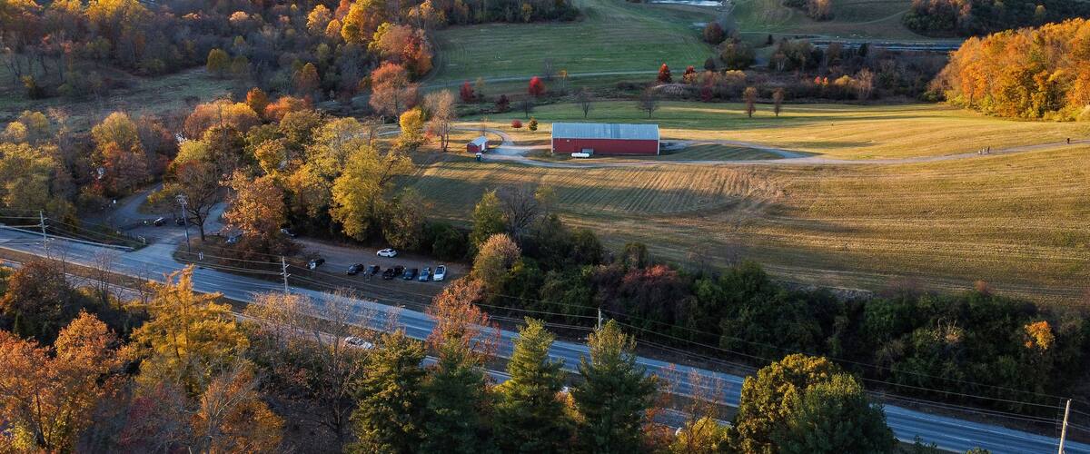 Aerial view of Okehocking Preserve in the suburb of Philadelphia at sunset time in late autumn, Newtown Square, Pennsylvania, USA