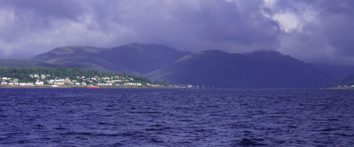A Highland rain shower passes through. Short Ferry Crossing from MacInroy's Point, Gourock to Hunter's Quay Dunoon (Western Ferries) en rute to Cowal Highland Gathering. The weather changed by the minute, but the views remained magnificent