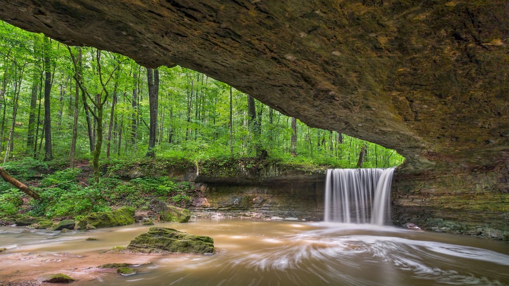 A waterfall under a large rock formation in a forest.