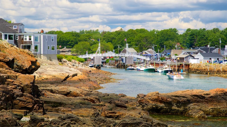 A rocky shoreline with boats docked at a pier, surrounded by houses and greenery.