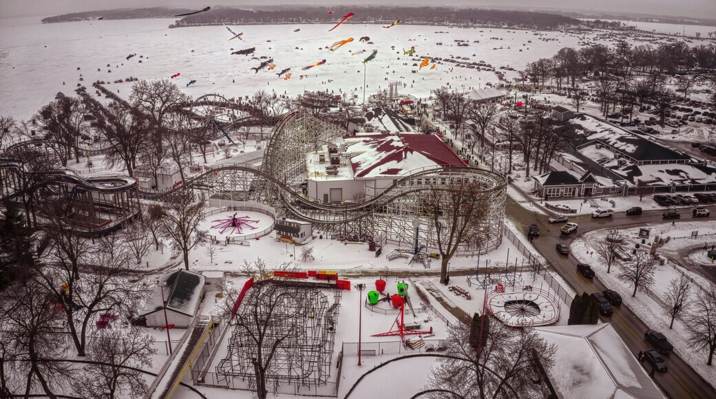 Aerial View of Winter Festivities on a Hazy Day at Lake Okoboji, Iowa
