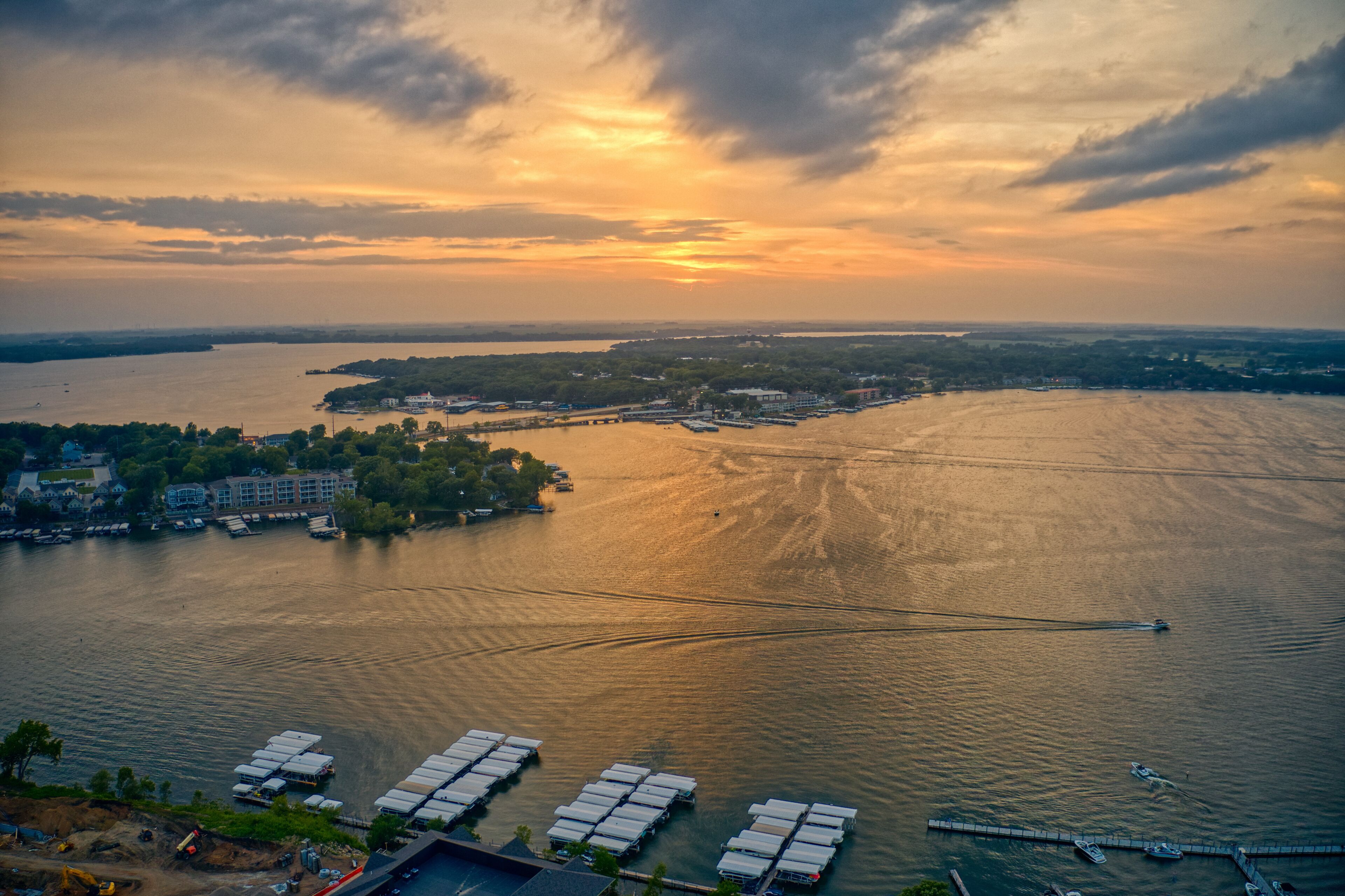 Aerial View of Lake Okoboji at sunset in northern Iowa