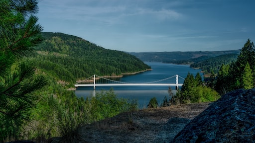 "Dent Bridge Spanning Dworshak Reservoir in Orofino Idaho with Forested Mountains"