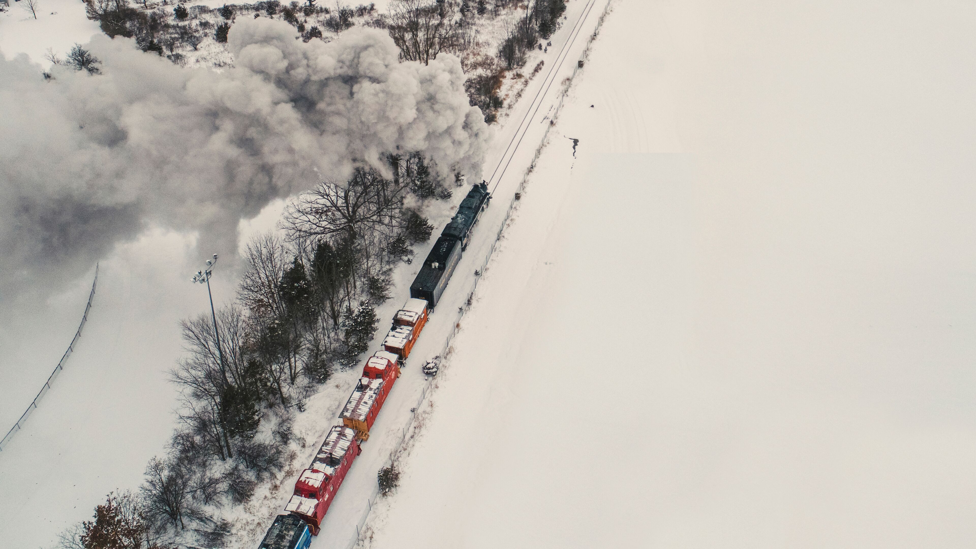 A train with red and blue cars traveling through a snowy landscape with trees and power lines.