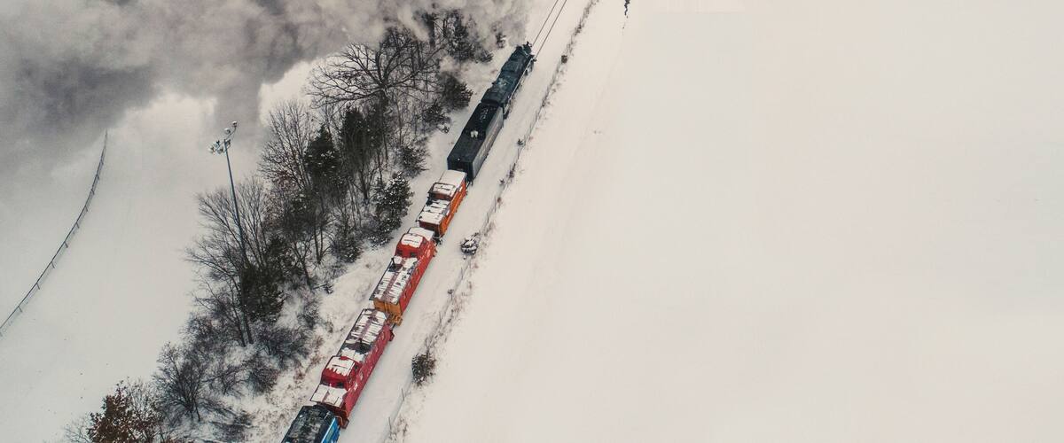 A train with red and blue cars traveling through a snowy landscape with trees and power lines.