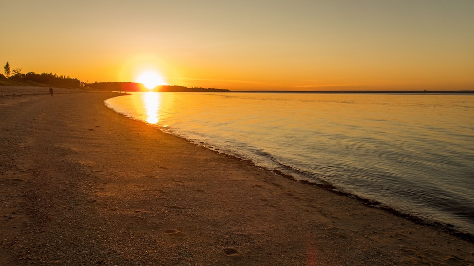 A beach at sunset with the sun reflecting on the water.