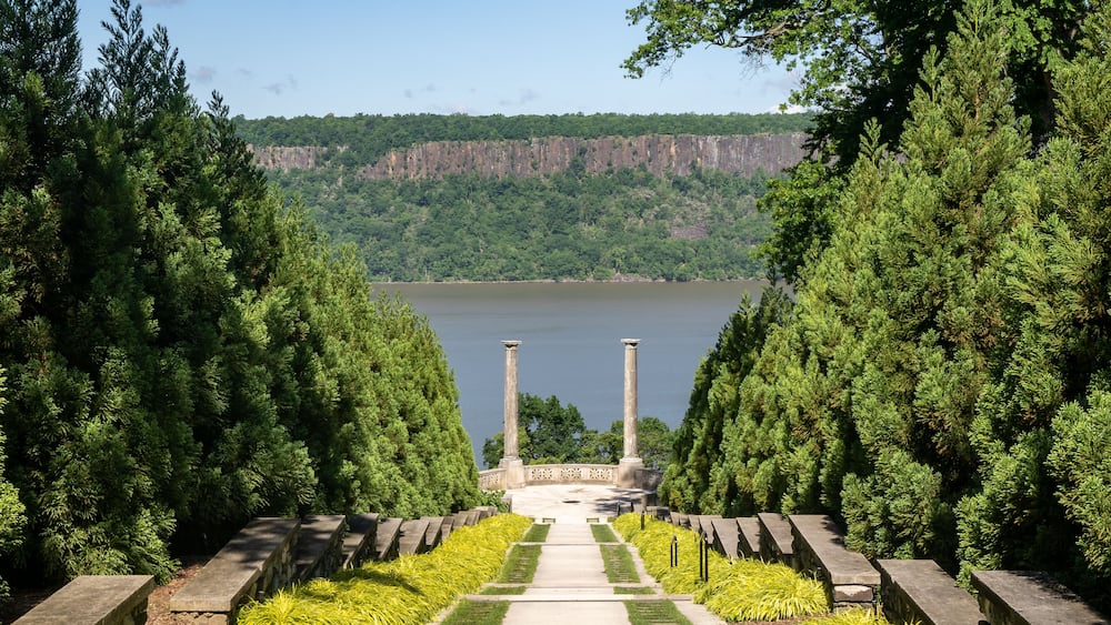 Yonkers, NY - USA - May 27, 2021: A view of The Vista, a long descending staircase culminating in the Overlook at the Untermyer Park and Gardens.