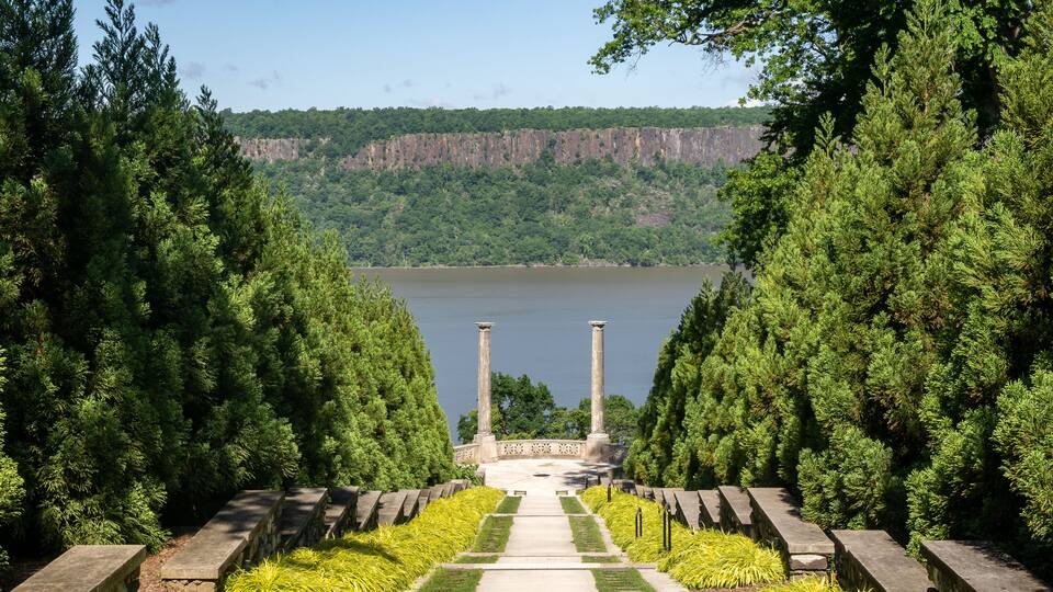 Yonkers, NY - USA - May 27, 2021: A view of The Vista, a long descending staircase culminating in the Overlook at the Untermyer Park and Gardens.