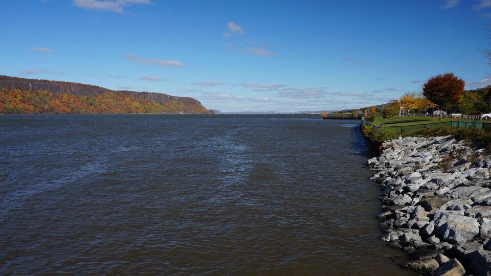 Looking down the Hudson River from Yonker New York with the New Jersey Palisades on the opposite shore.