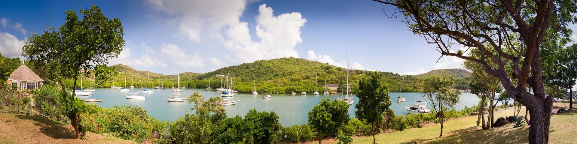 A marina with several sailboats docked, surrounded by lush green hills and trees.