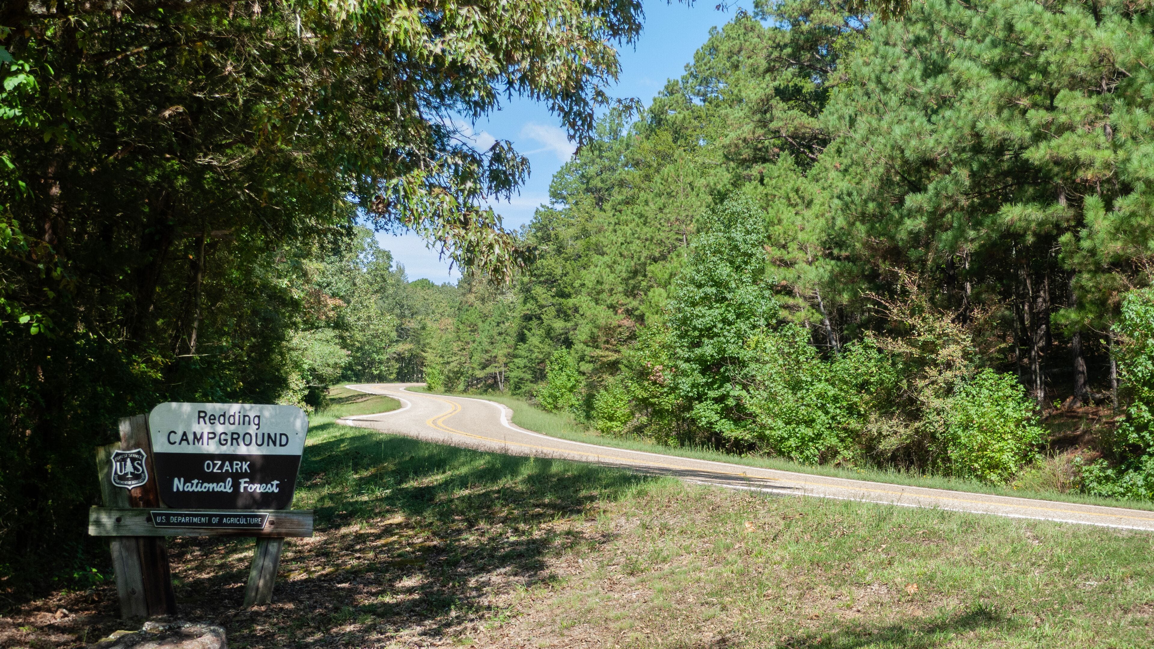Un camino sinuoso que lleva a un camping en el Bosque Nacional Ozark.