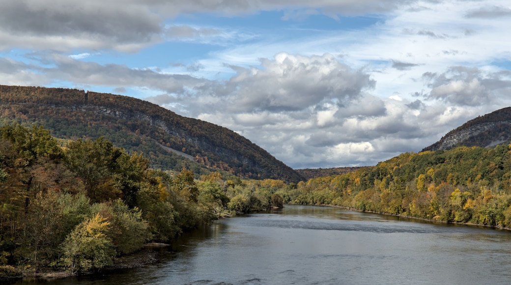 delaware water gap view from viaduct (autumn with fall colors, trees changing) beautiful landscape Pennsylvania and new jersey border (river, sky, trees, mountains) travel, hiking, walking, scenic
