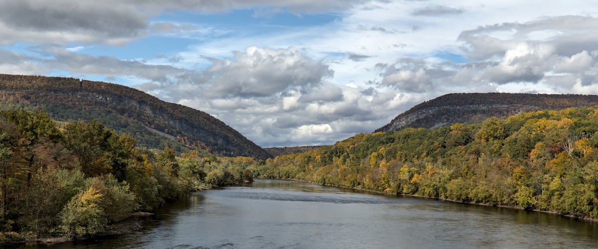delaware water gap view from viaduct (autumn with fall colors, trees changing) beautiful landscape Pennsylvania and new jersey border (river, sky, trees, mountains) travel, hiking, walking, scenic
