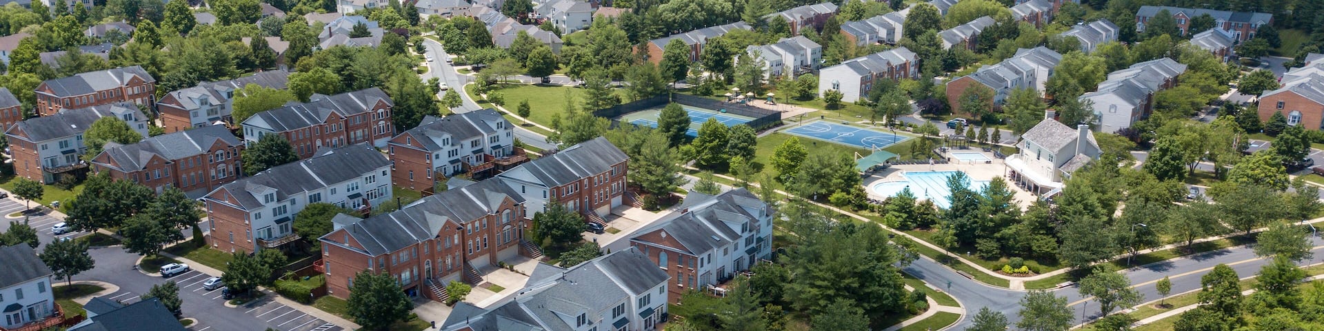 Aerial view of the Potomac Glen neighborhood in Potomac, Montgomery County, Maryland. A rock quarry is on the top right.