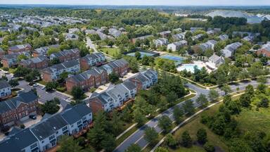Aerial view of the Potomac Glen neighborhood in Potomac, Montgomery County, Maryland. A rock quarry is on the top right.
