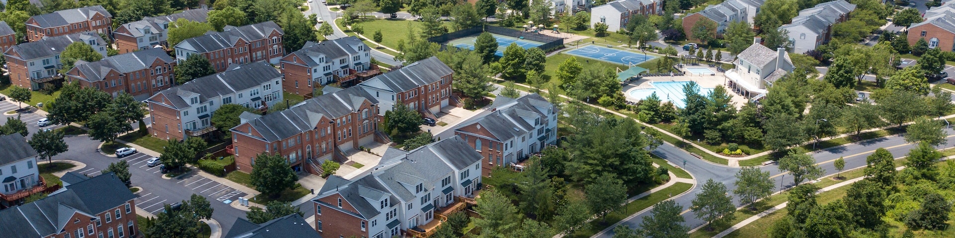 Aerial view of the Potomac Glen neighborhood in Potomac, Montgomery County, Maryland. A rock quarry is on the top right.