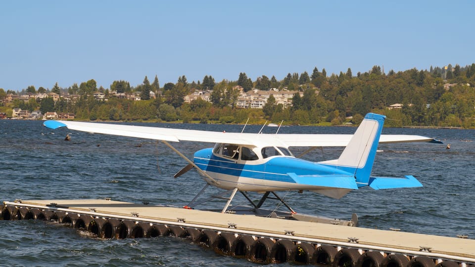 A seaplane on a dock with a lake and houses in the background.