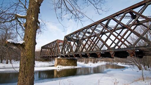 Warm afternoon light from a winter sun brings out the rusty tones on the steel trusses of a former railroad bridge over the Tippecanoe River in northern Indiana.