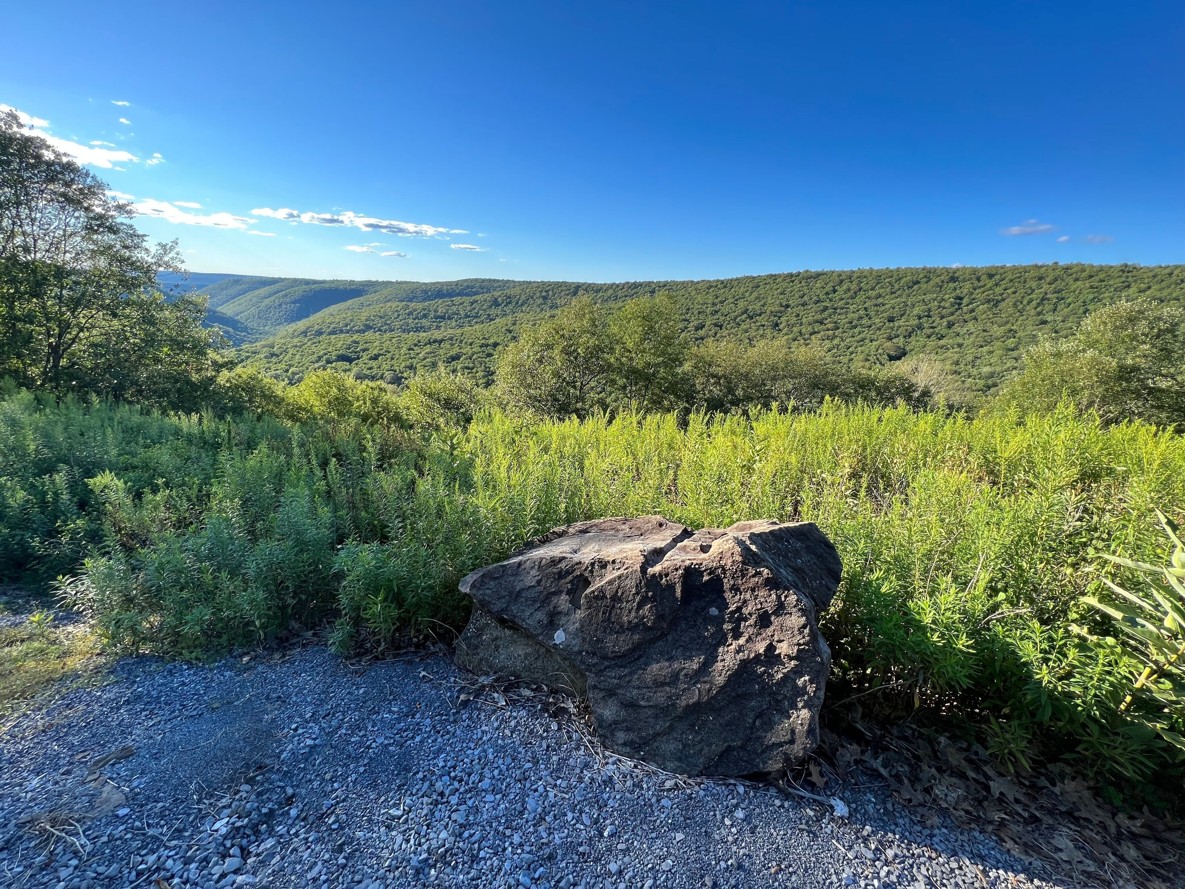 A rocky outcrop in a lush green valley with a clear blue sky.